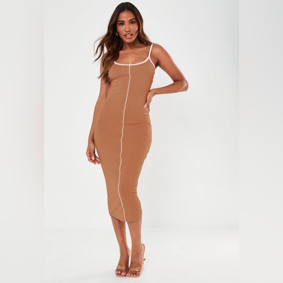 Camel Rib Contrast Piping Midaxi Dress - Picture 1 of 2